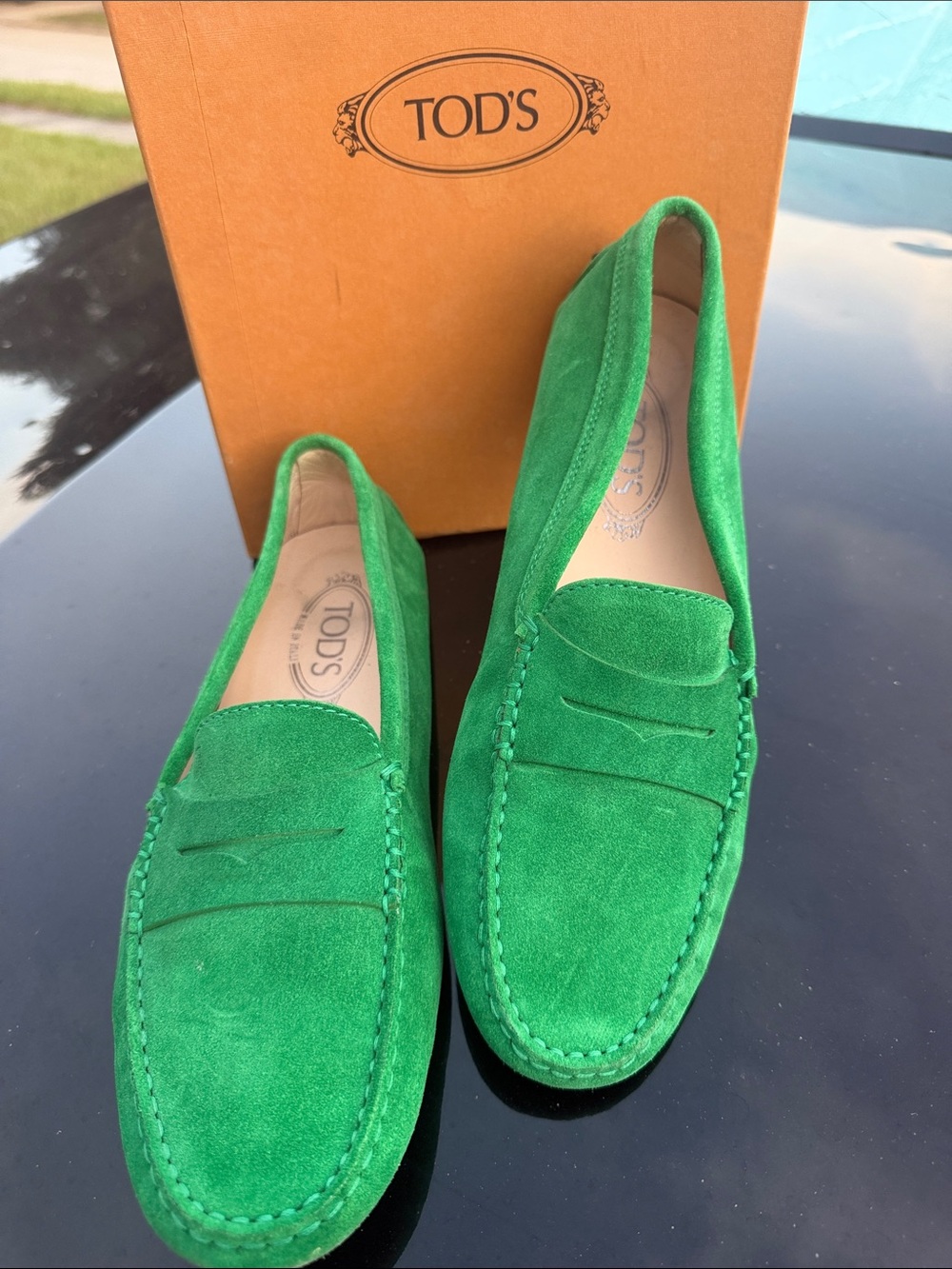 Tod's  gommino Green Suede Penny Loafers